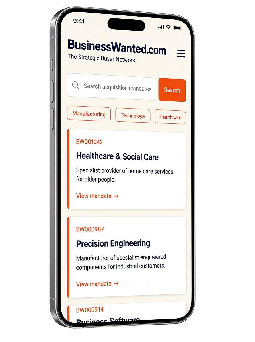 The BusinessWanted.com mobile site shown on a smartphone, with the wordmark, The Strategic Buyer Network descriptor, mobile search field and live acquisition mandate cards.